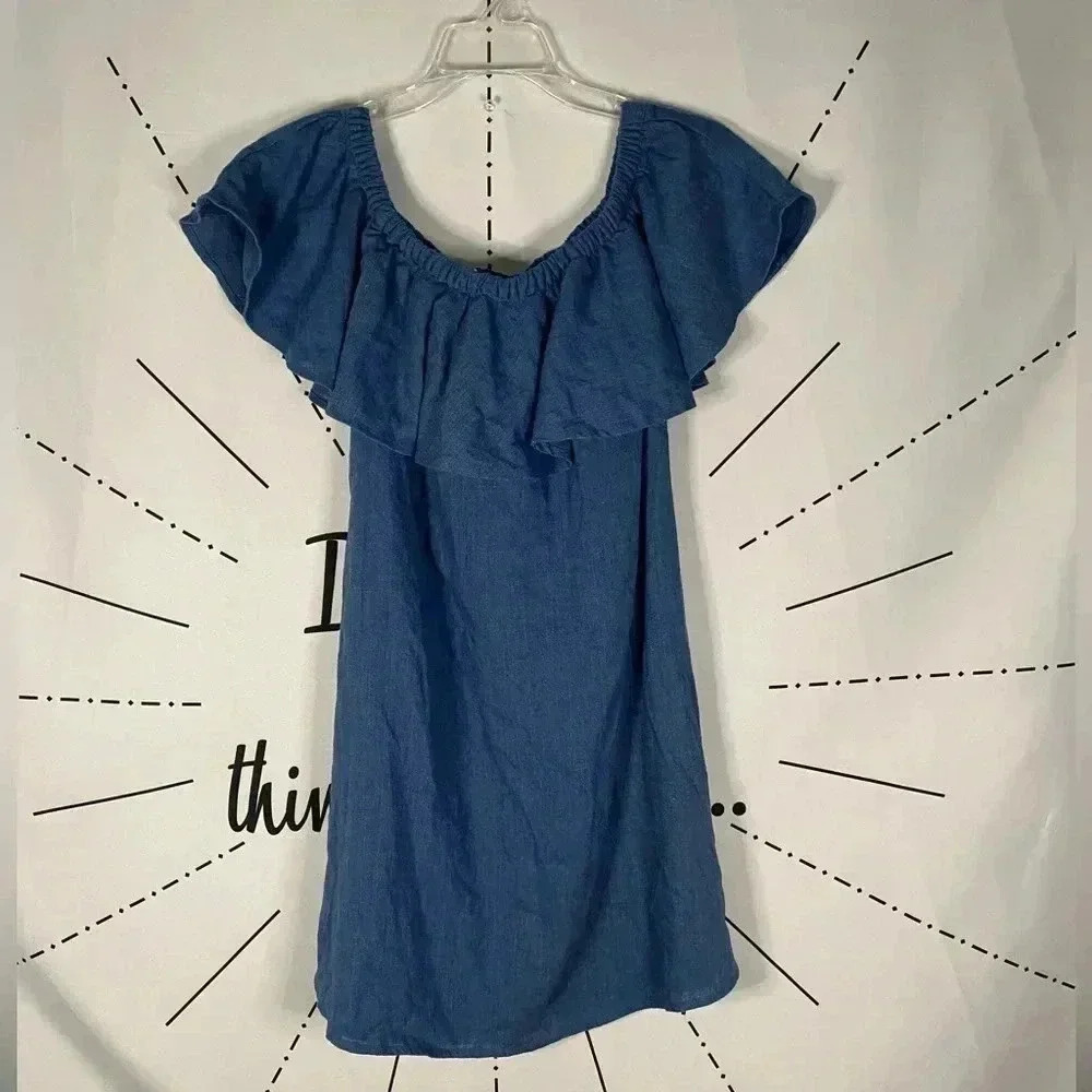MADEWELL Rio Blue Ruffle Off Shoulder Linen Blend Dress - Picture 2 of 7